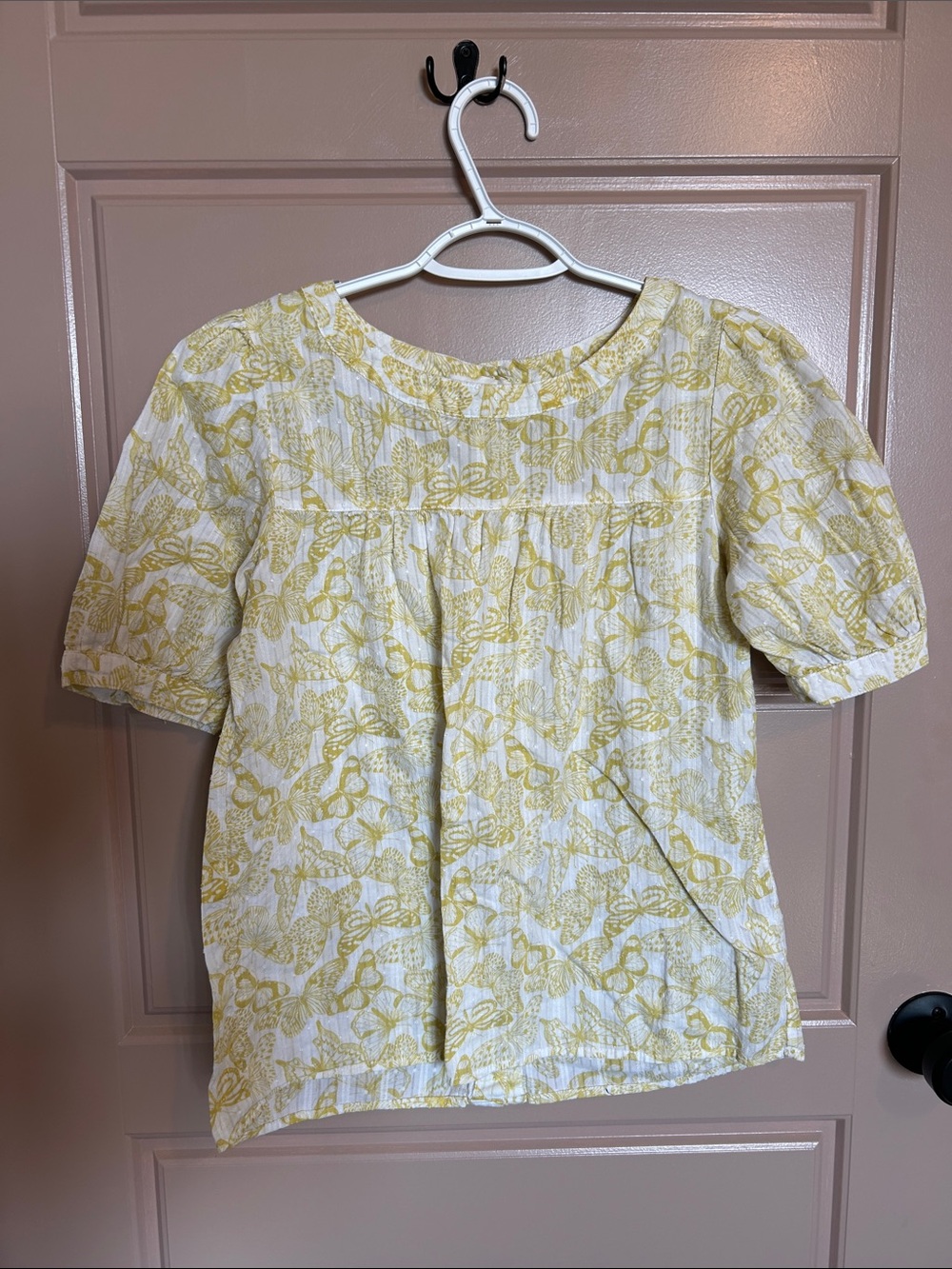 Jane and Delancey Yellow Butterfly Short Puff-Sleeve Blouse